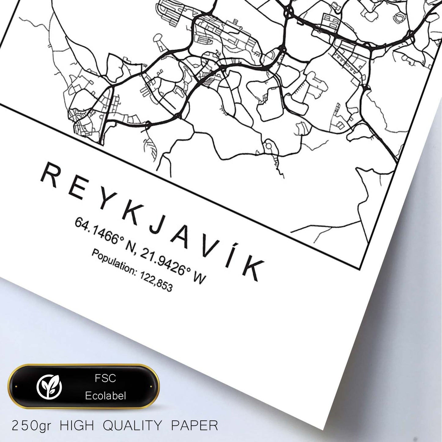 Lámina mapa de la ciudad Reykjavik estilo nordico en blanco y negro.-Artwork-Nacnic-Nacnic Estudio SL