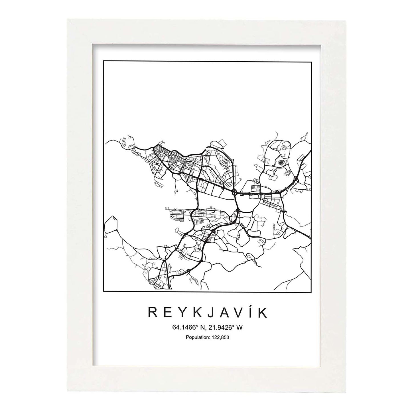 Lámina mapa de la ciudad Reykjavik estilo nordico en blanco y negro.-Artwork-Nacnic-A3-Marco Blanco-Nacnic Estudio SL