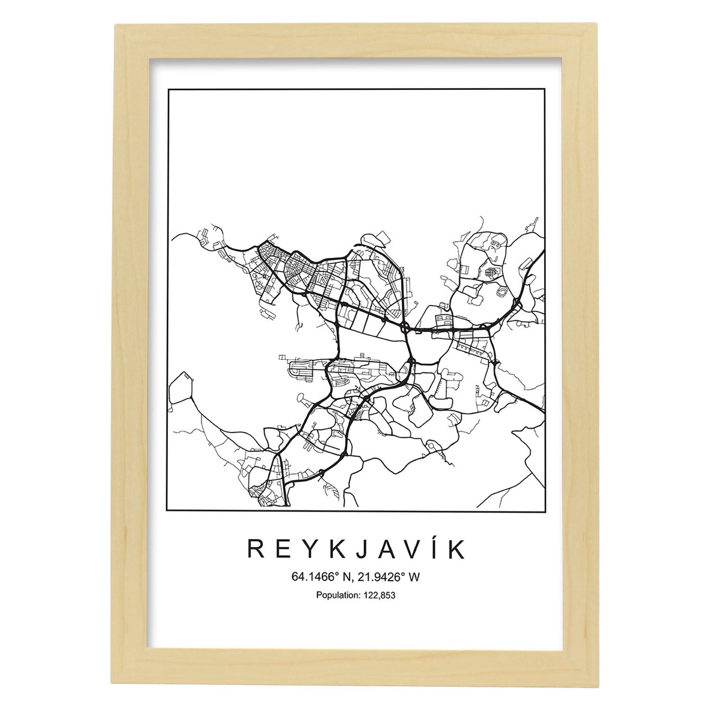 Lámina mapa de la ciudad Reykjavik estilo nordico en blanco y negro.-Artwork-Nacnic-A3-Marco Madera clara-Nacnic Estudio SL