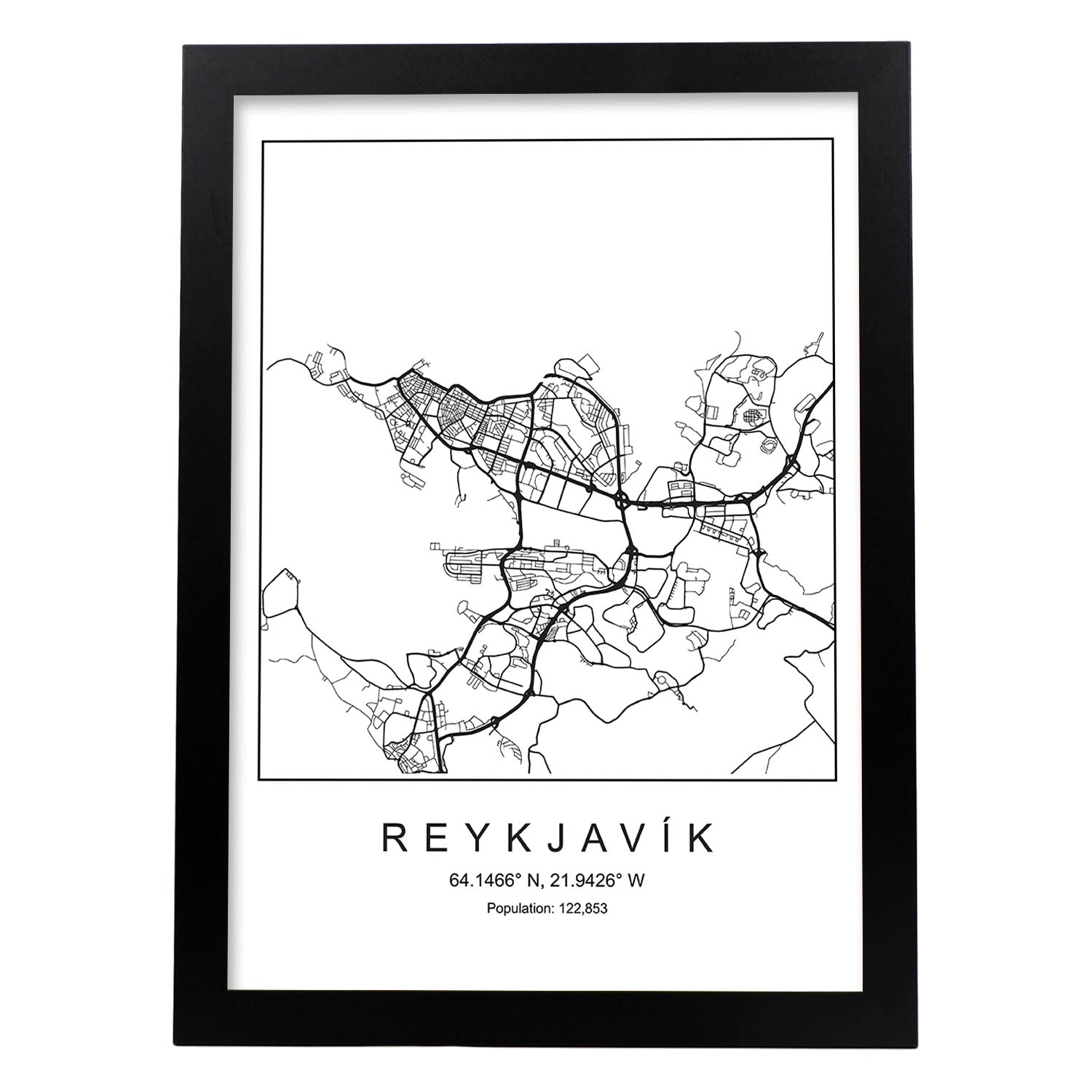 Lámina mapa de la ciudad Reykjavik estilo nordico en blanco y negro.-Artwork-Nacnic-A3-Marco Negro-Nacnic Estudio SL