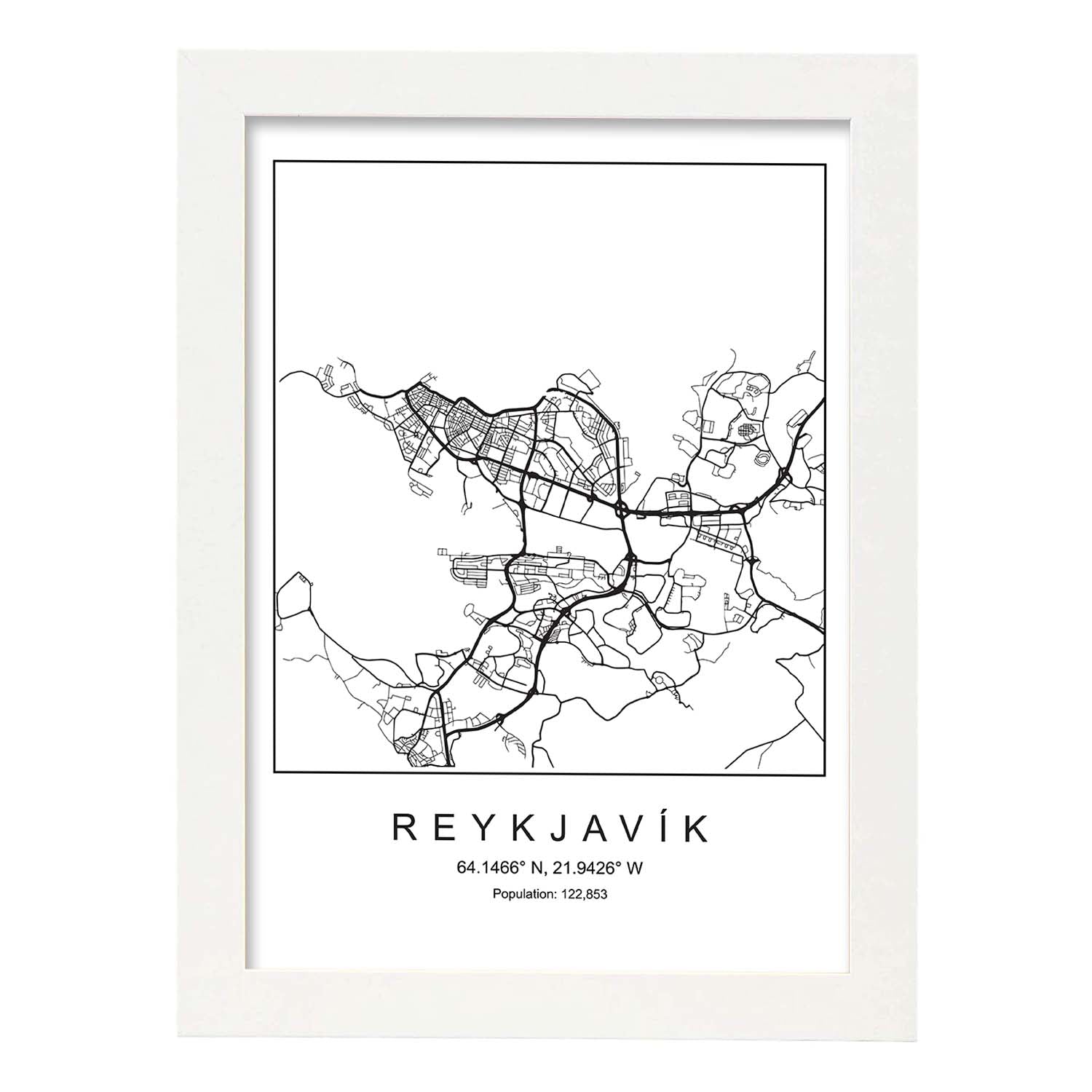 Lámina mapa de la ciudad Reykjavik estilo nordico en blanco y negro.-Artwork-Nacnic-A4-Marco Blanco-Nacnic Estudio SL