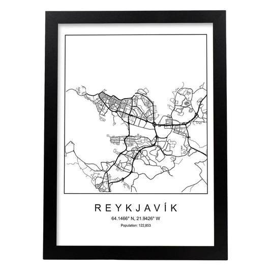 Lámina mapa de la ciudad Reykjavik estilo nordico en blanco y negro.-Artwork-Nacnic-A4-Marco Negro-Nacnic Estudio SL