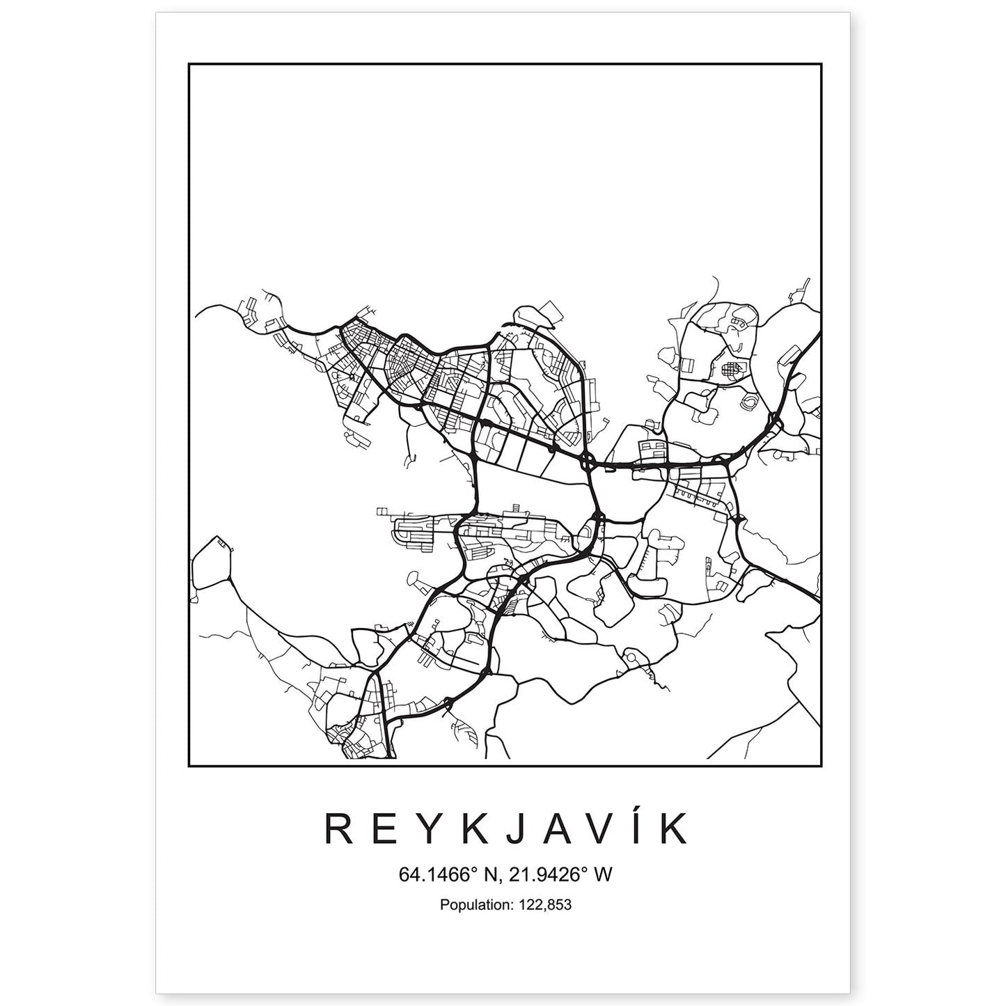 Lámina mapa de la ciudad Reykjavik estilo nordico en blanco y negro.-Artwork-Nacnic-A4-Sin marco-Nacnic Estudio SL