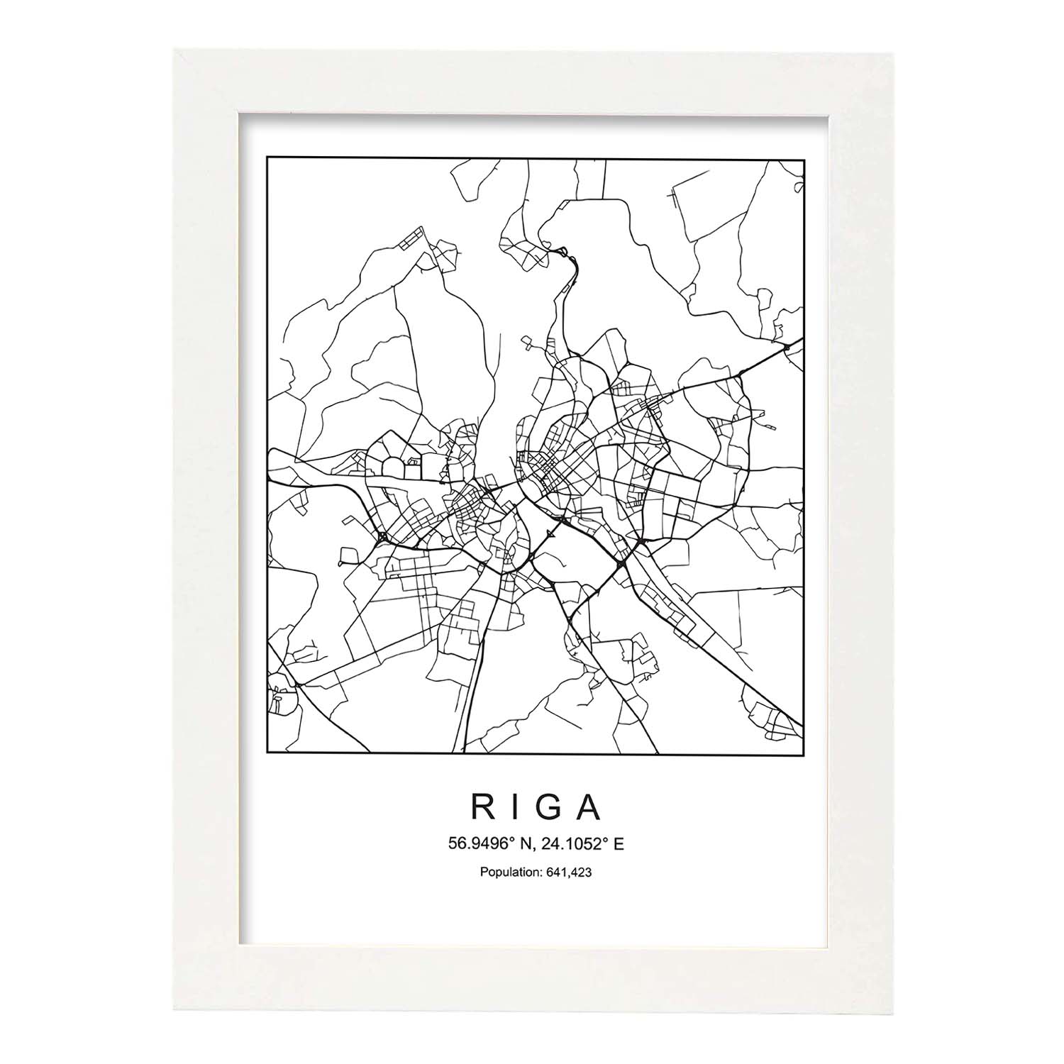Lámina mapa de la ciudad Riga estilo nordico en blanco y negro.-Artwork-Nacnic-A3-Marco Blanco-Nacnic Estudio SL