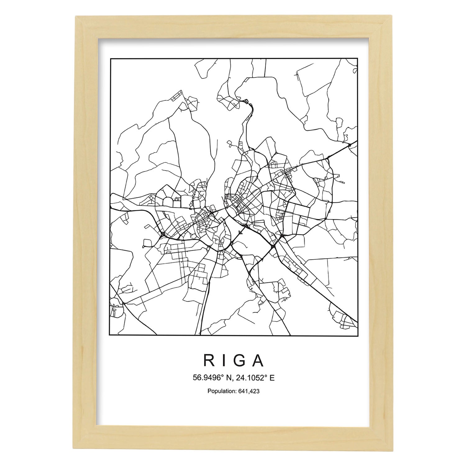 Lámina mapa de la ciudad Riga estilo nordico en blanco y negro.-Artwork-Nacnic-A3-Marco Madera clara-Nacnic Estudio SL