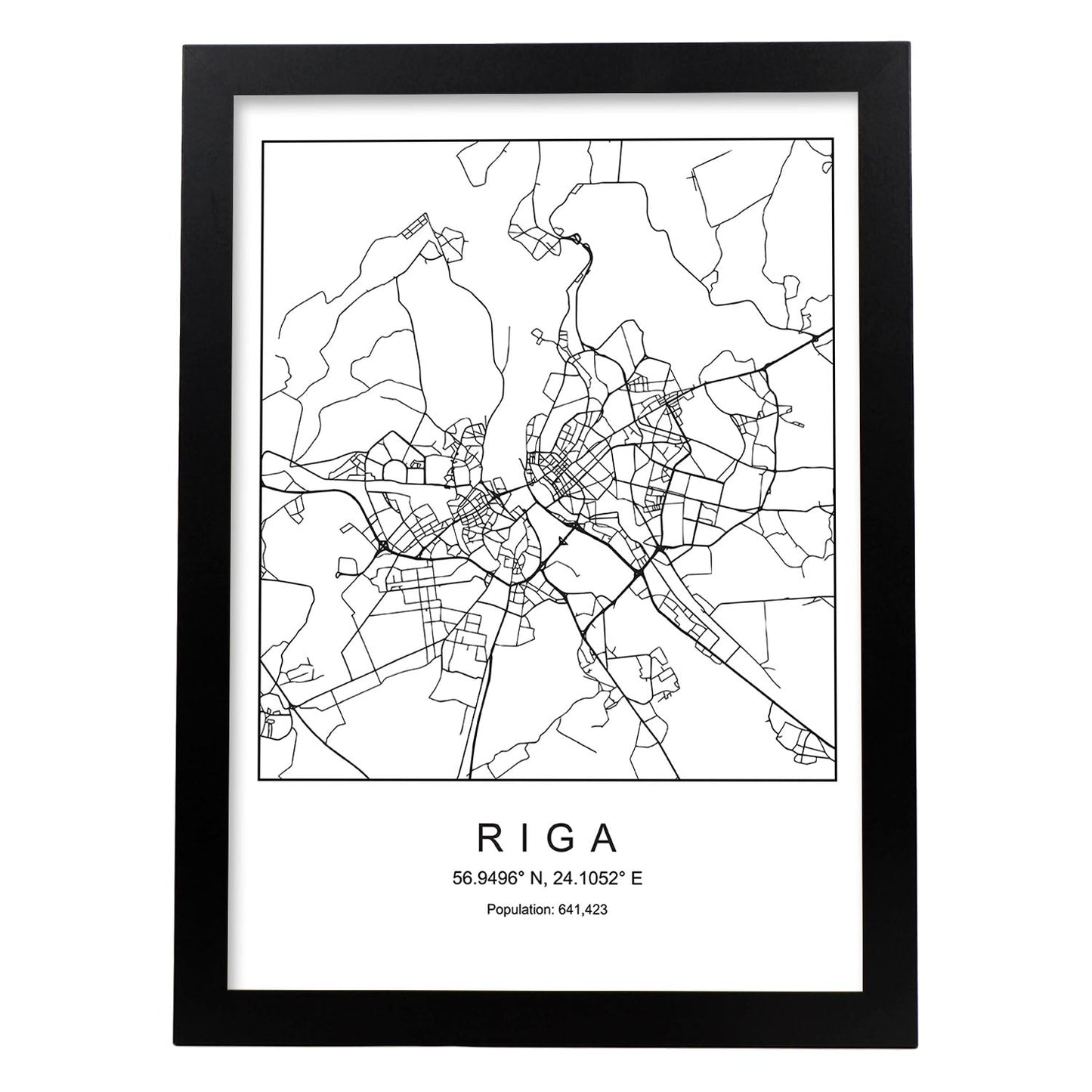 Lámina mapa de la ciudad Riga estilo nordico en blanco y negro.-Artwork-Nacnic-A3-Marco Negro-Nacnic Estudio SL