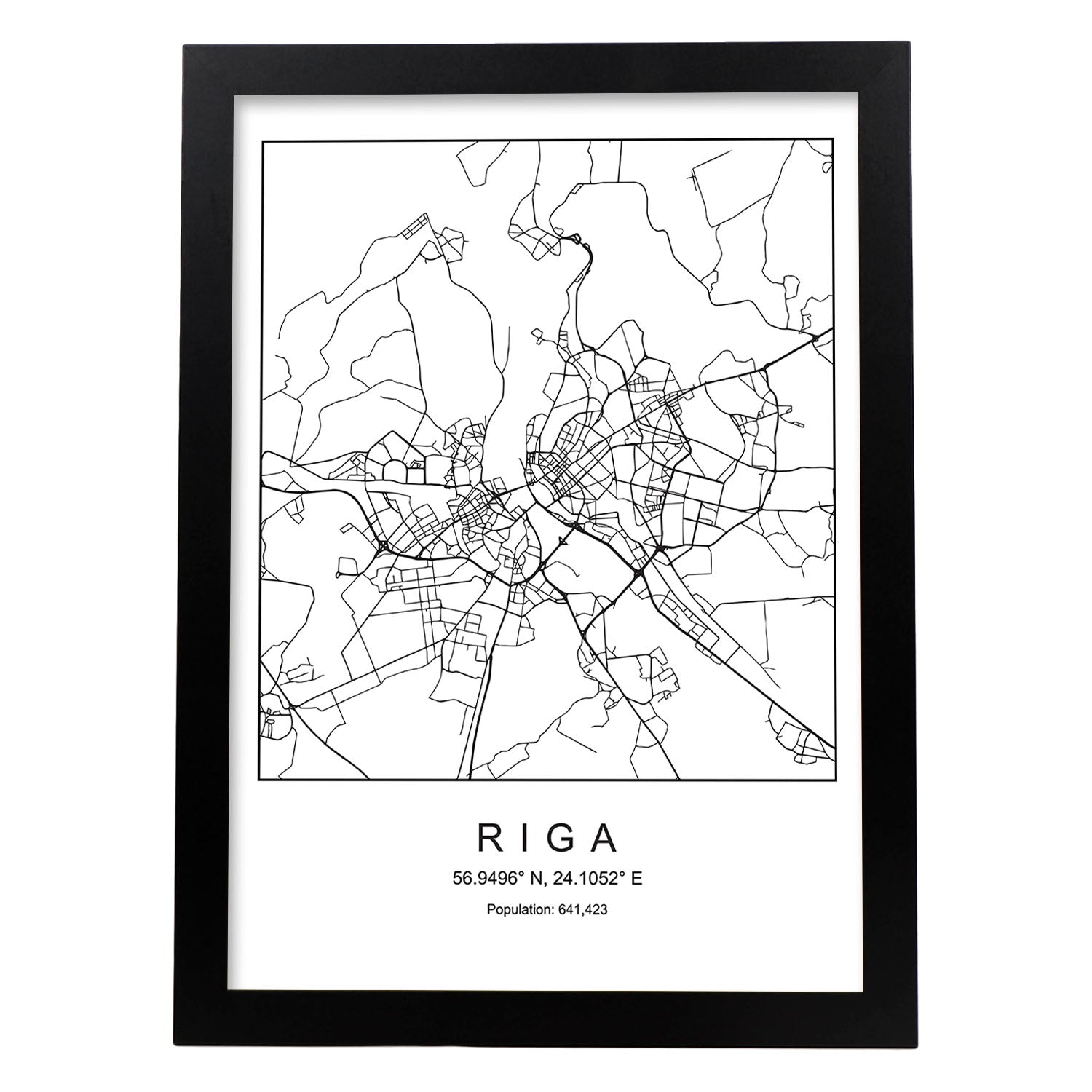 Lámina mapa de la ciudad Riga estilo nordico en blanco y negro.-Artwork-Nacnic-A3-Marco Negro-Nacnic Estudio SL