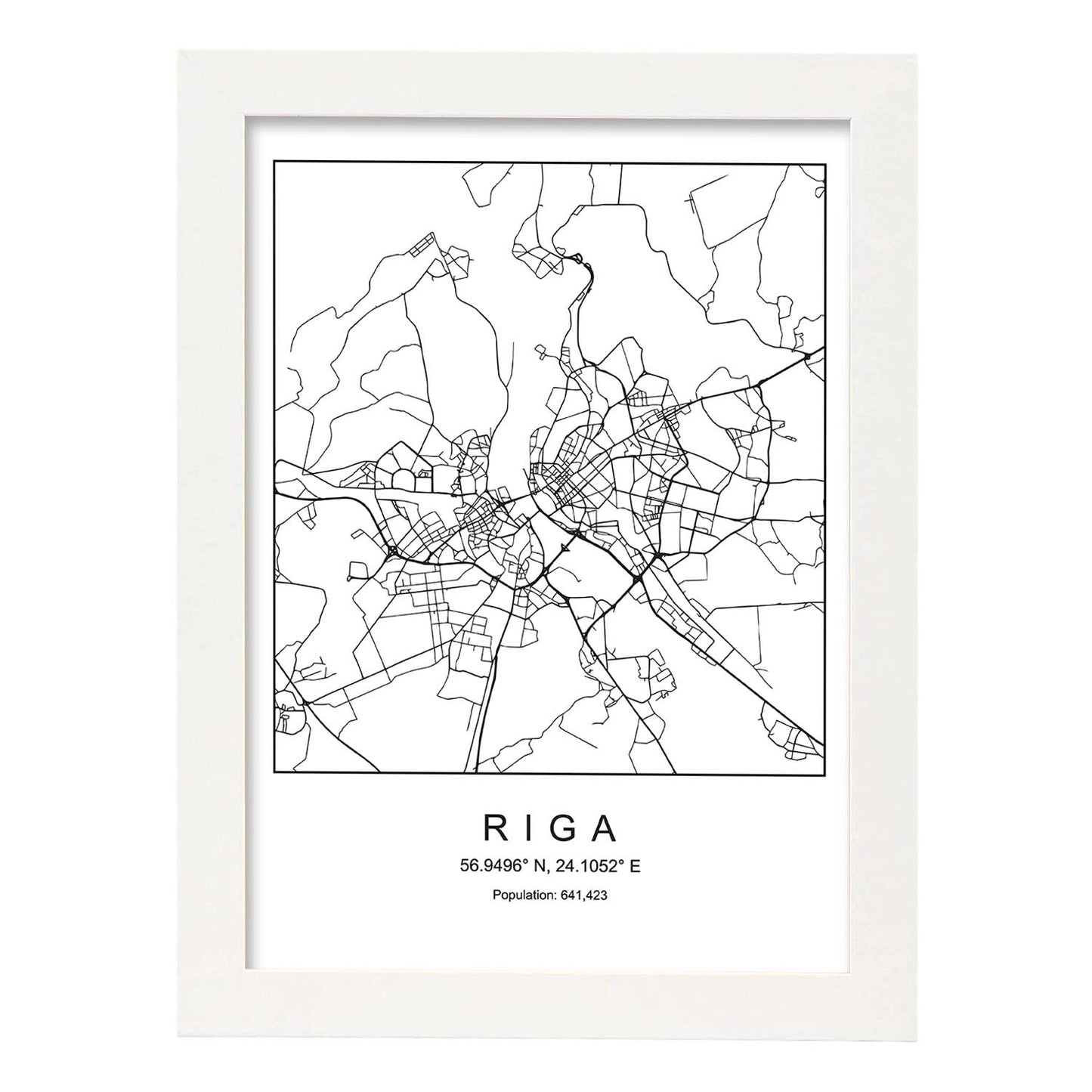 Lámina mapa de la ciudad Riga estilo nordico en blanco y negro.-Artwork-Nacnic-A4-Marco Blanco-Nacnic Estudio SL
