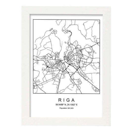 Lámina mapa de la ciudad Riga estilo nordico en blanco y negro.-Artwork-Nacnic-A4-Marco Blanco-Nacnic Estudio SL