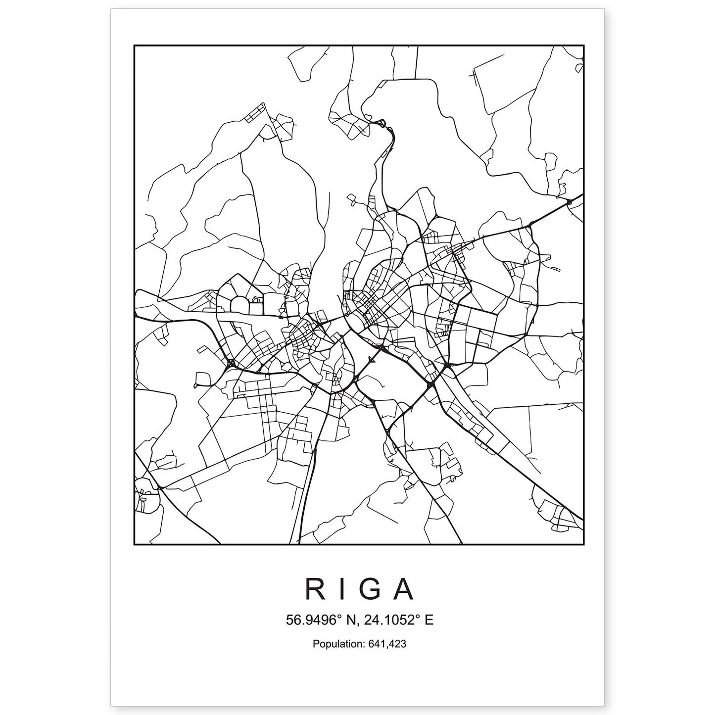 Lámina mapa de la ciudad Riga estilo nordico en blanco y negro.-Artwork-Nacnic-A4-Sin marco-Nacnic Estudio SL