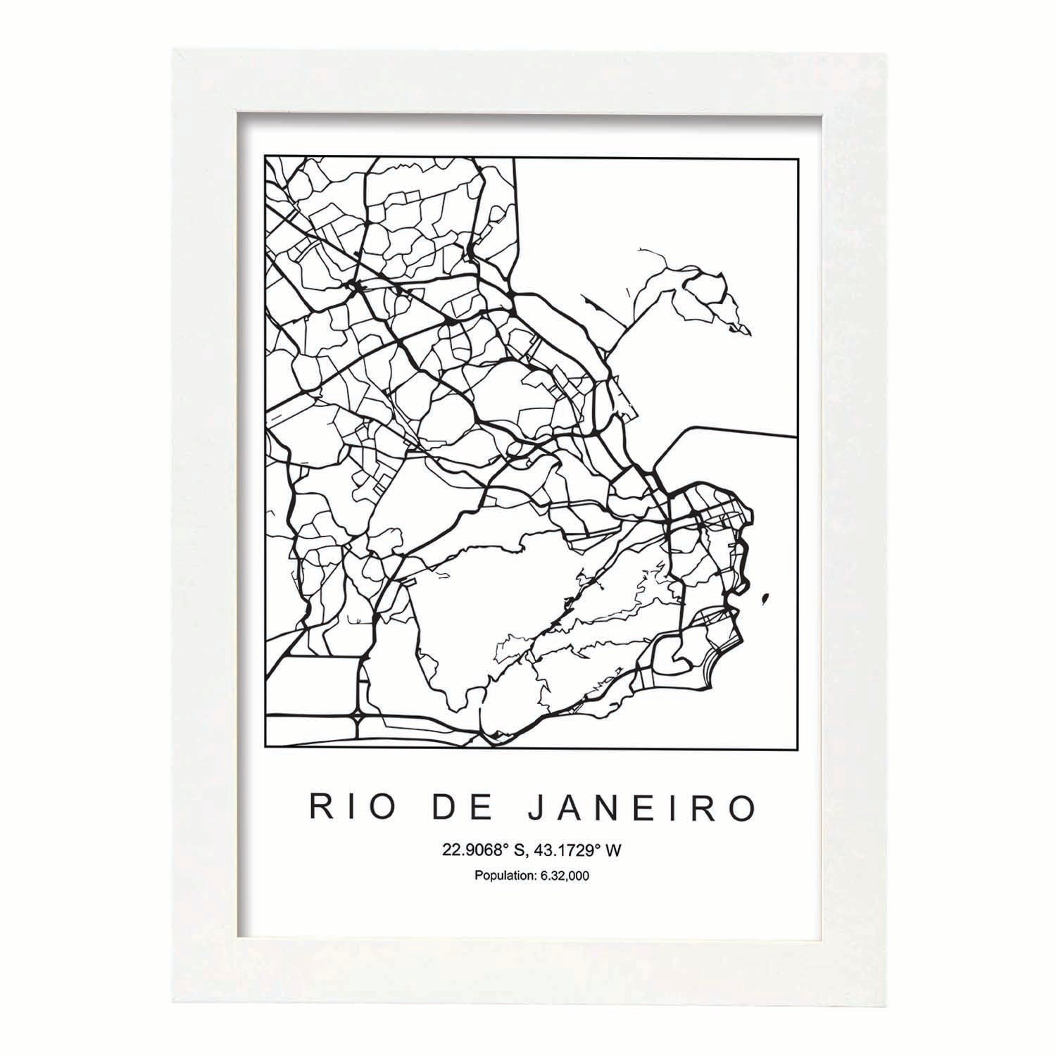 Lámina mapa de la ciudad Rio de janeiro estilo nordico en blanco y negro.-Artwork-Nacnic-A3-Marco Blanco-Nacnic Estudio SL