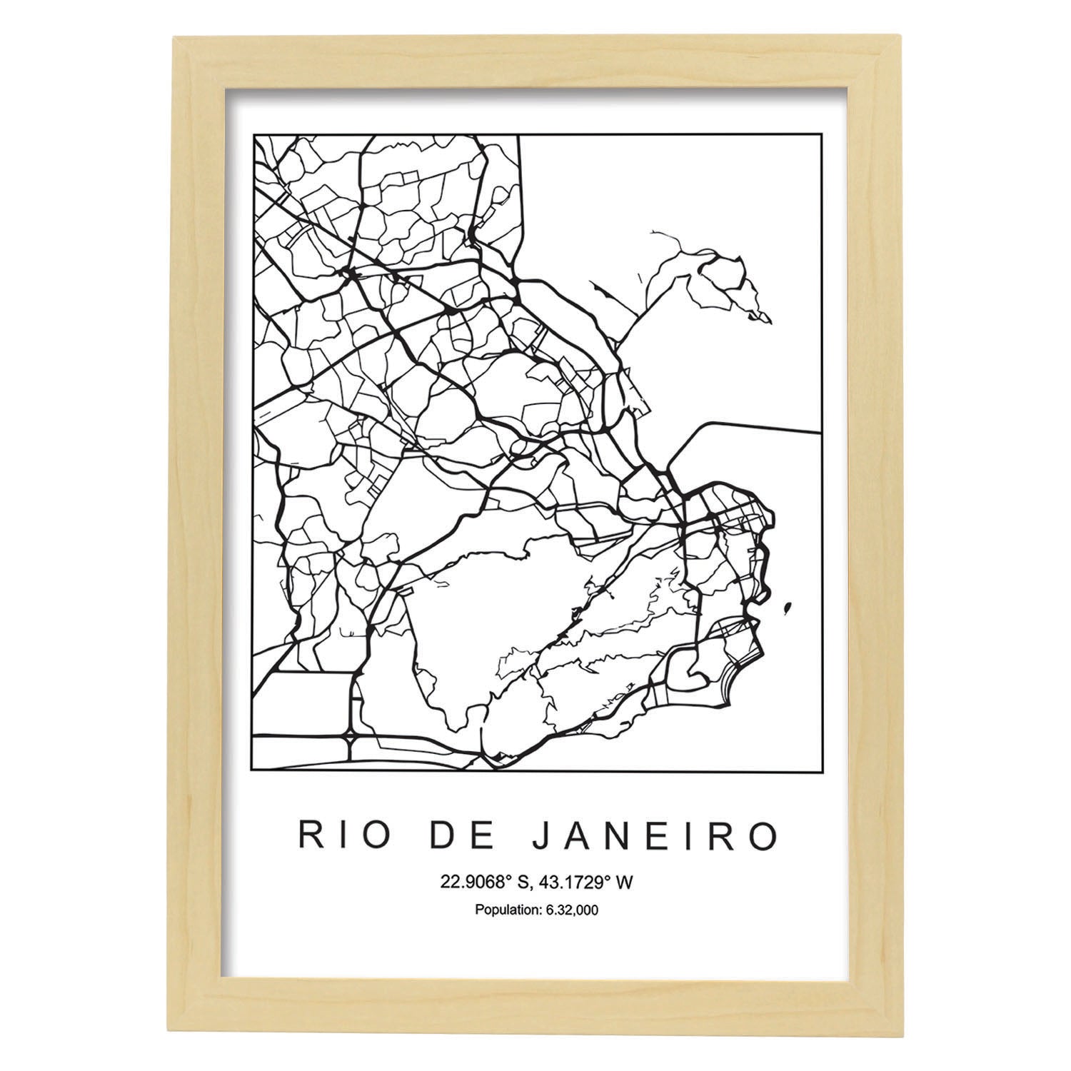 Lámina mapa de la ciudad Rio de janeiro estilo nordico en blanco y negro.-Artwork-Nacnic-A3-Marco Madera clara-Nacnic Estudio SL