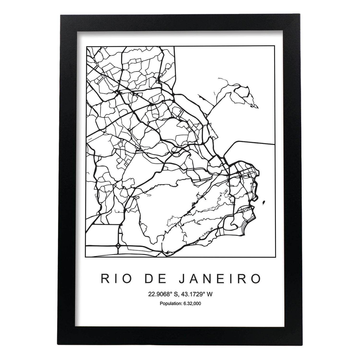 Lámina mapa de la ciudad Rio de janeiro estilo nordico en blanco y negro.-Artwork-Nacnic-A3-Marco Negro-Nacnic Estudio SL