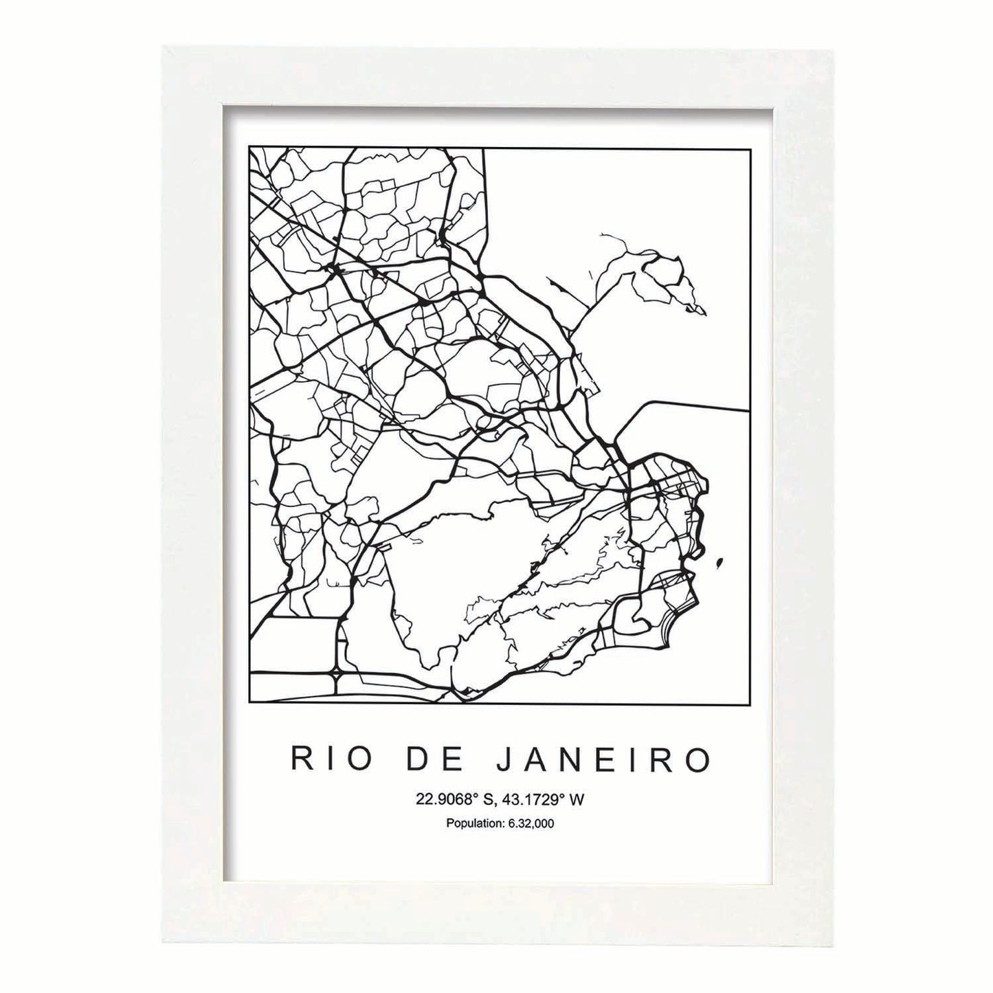 Lámina mapa de la ciudad Rio de janeiro estilo nordico en blanco y negro.-Artwork-Nacnic-A4-Marco Blanco-Nacnic Estudio SL