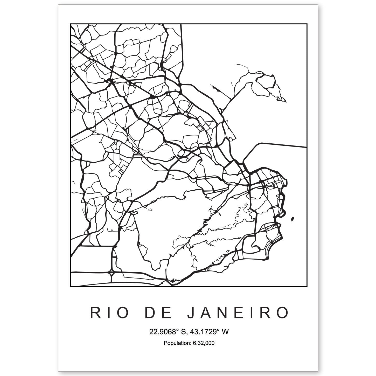 Lámina mapa de la ciudad Rio de janeiro estilo nordico en blanco y negro.-Artwork-Nacnic-A4-Sin marco-Nacnic Estudio SL
