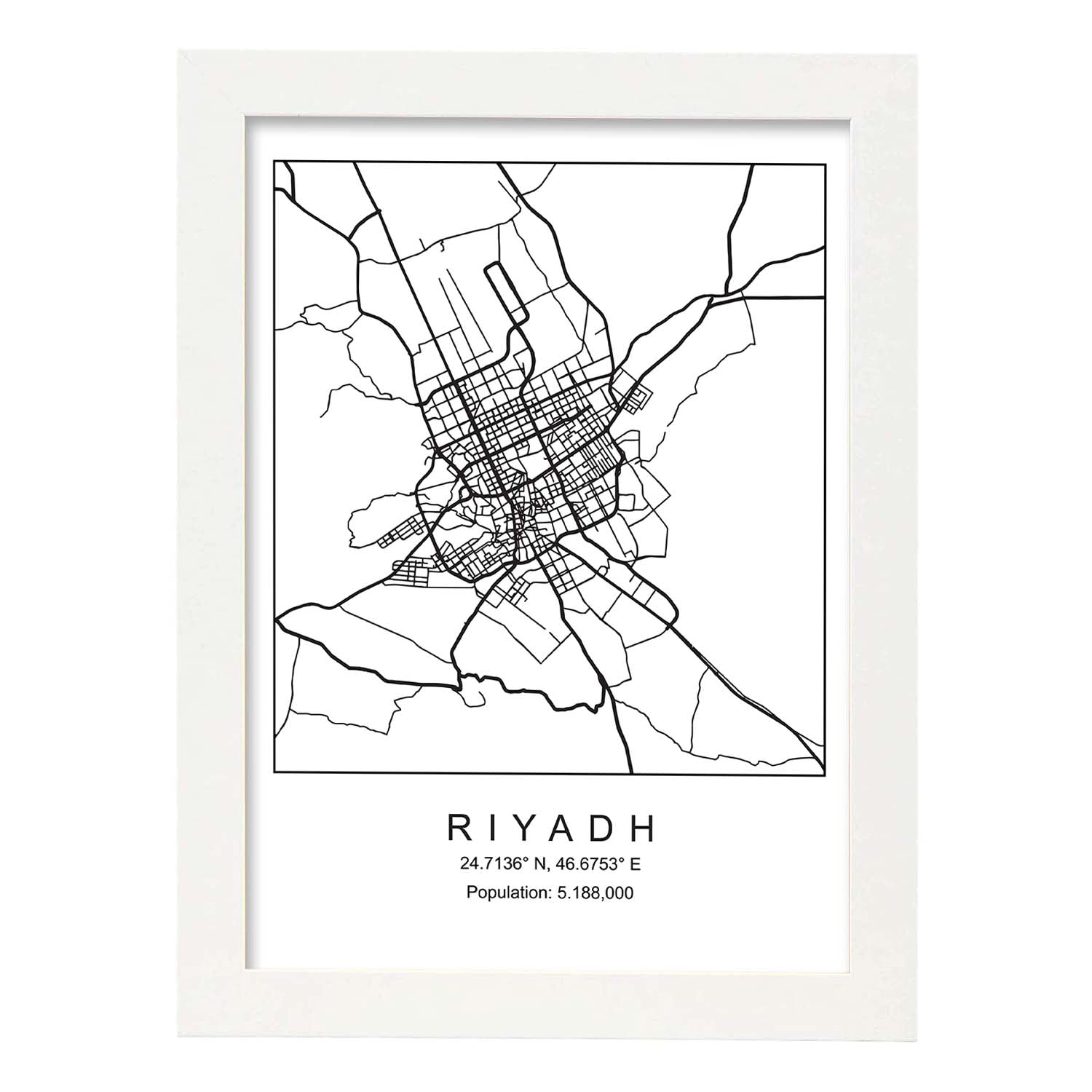 Lámina mapa de la ciudad Riyadh estilo nordico en blanco y negro.-Artwork-Nacnic-A3-Marco Blanco-Nacnic Estudio SL