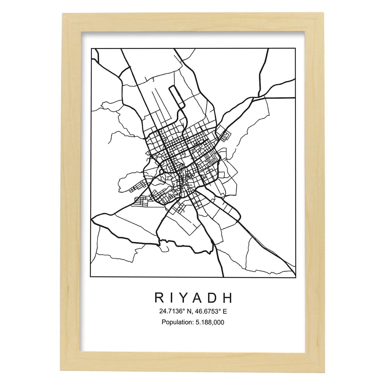 Lámina mapa de la ciudad Riyadh estilo nordico en blanco y negro.-Artwork-Nacnic-A3-Marco Madera clara-Nacnic Estudio SL