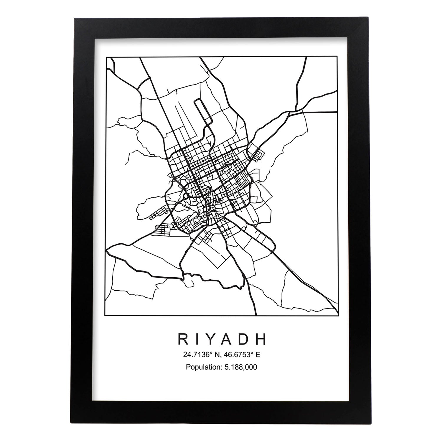 Lámina mapa de la ciudad Riyadh estilo nordico en blanco y negro.-Artwork-Nacnic-A3-Marco Negro-Nacnic Estudio SL