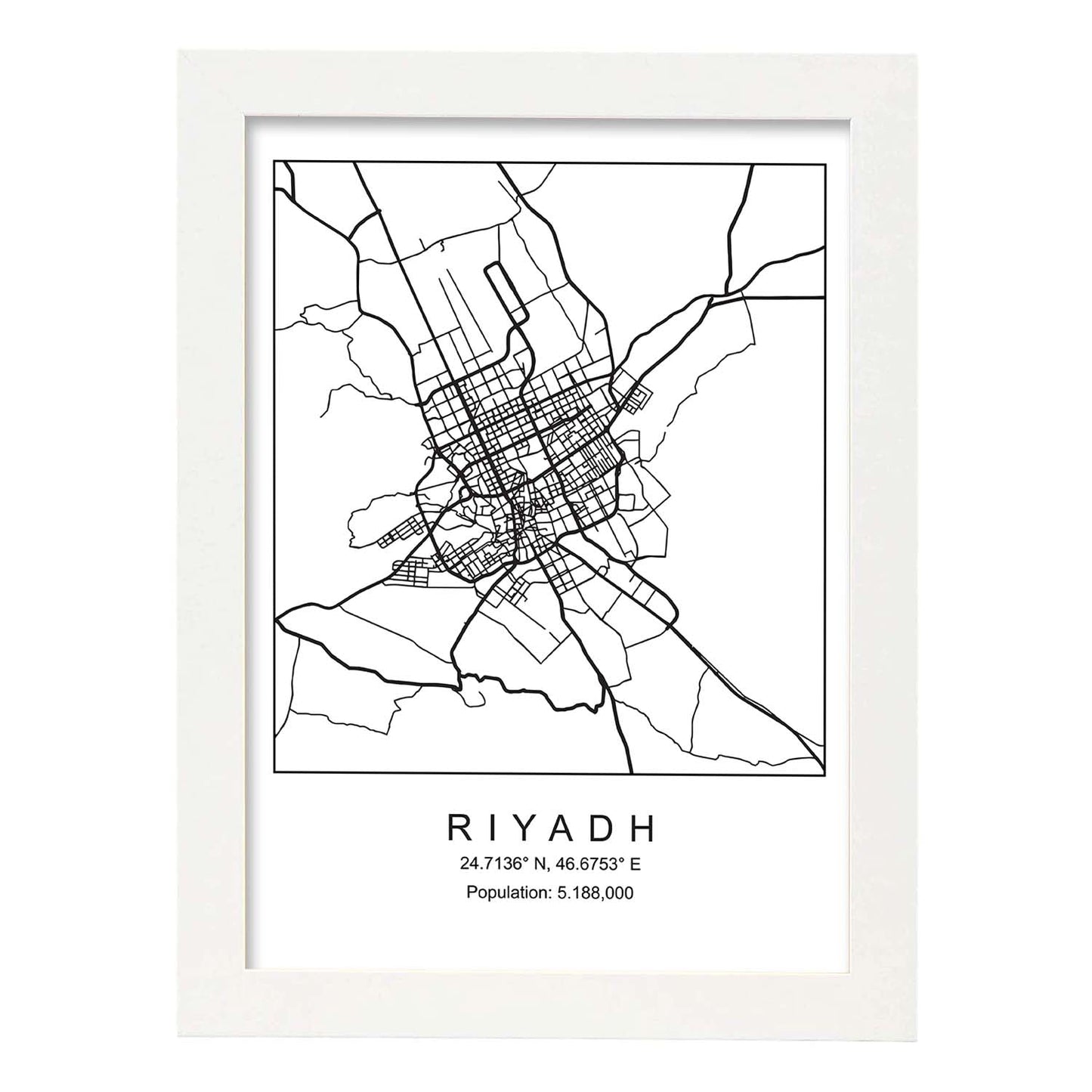 Lámina mapa de la ciudad Riyadh estilo nordico en blanco y negro.-Artwork-Nacnic-A4-Marco Blanco-Nacnic Estudio SL