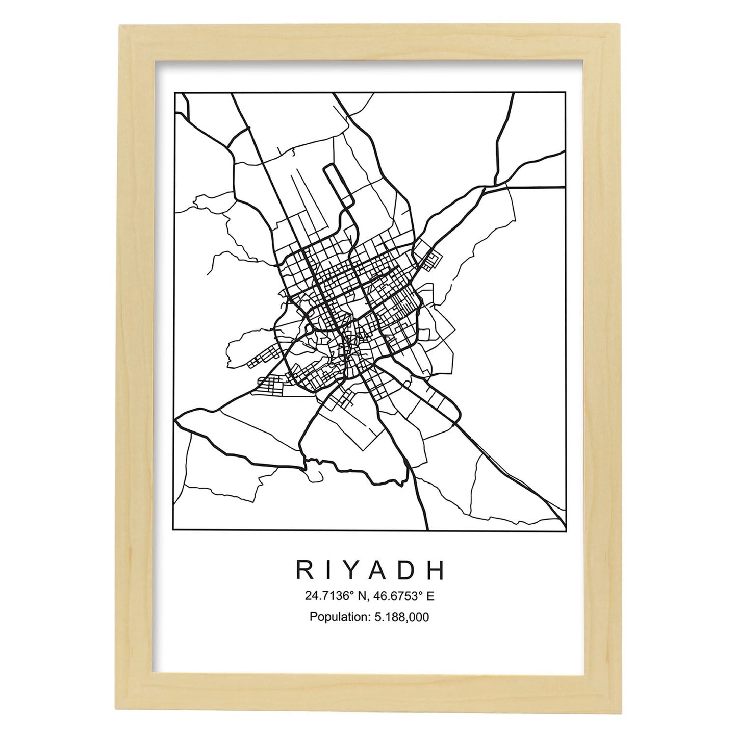 Lámina mapa de la ciudad Riyadh estilo nordico en blanco y negro.-Artwork-Nacnic-A4-Marco Madera clara-Nacnic Estudio SL