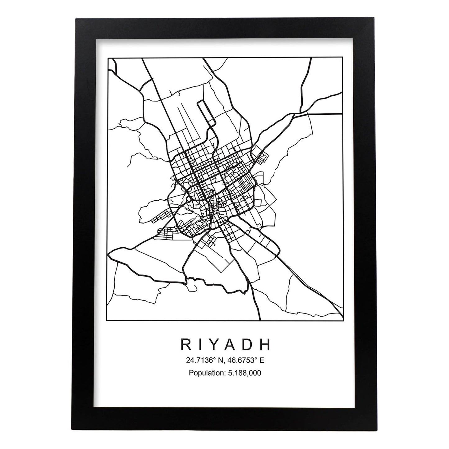 Lámina mapa de la ciudad Riyadh estilo nordico en blanco y negro.-Artwork-Nacnic-A4-Marco Negro-Nacnic Estudio SL