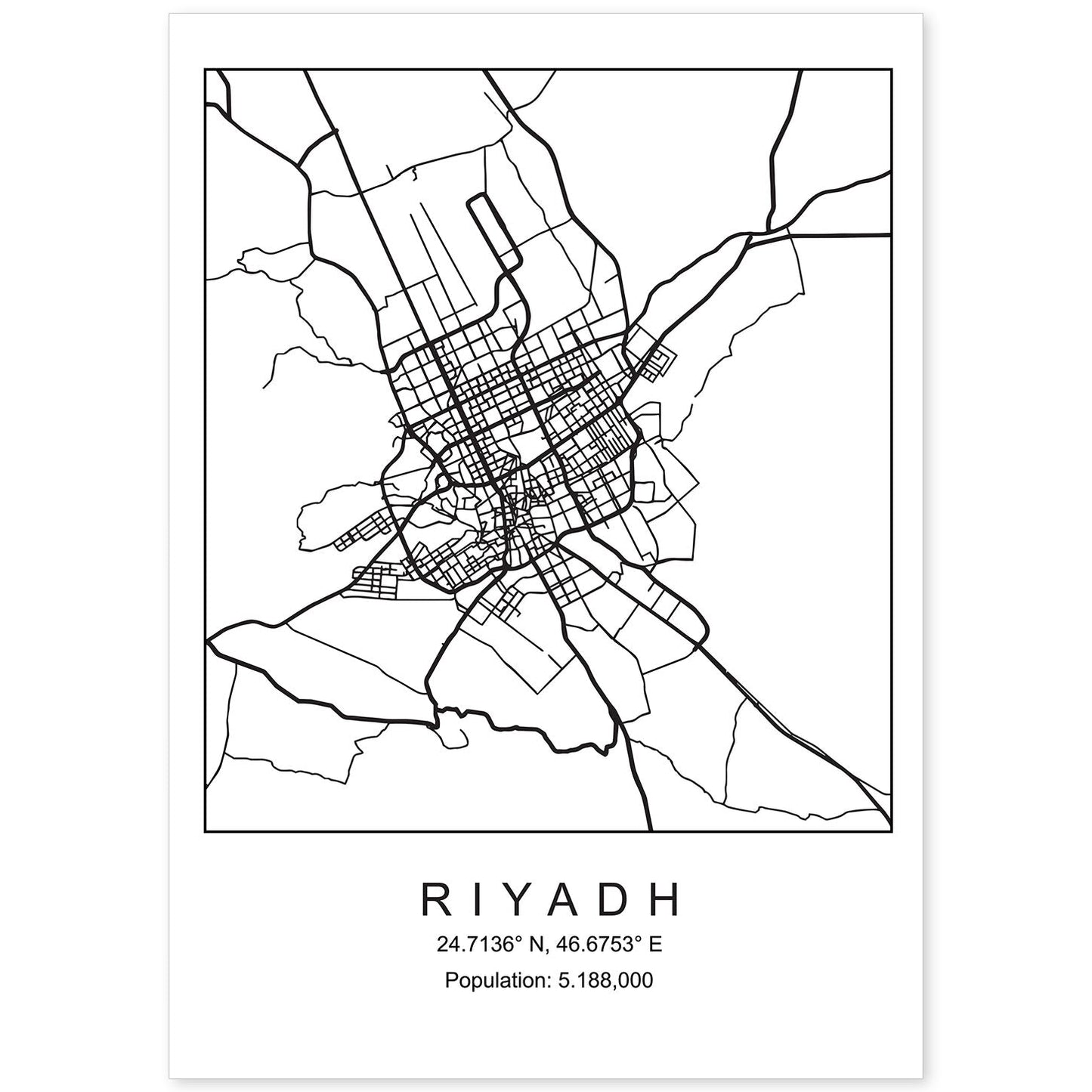 Lámina mapa de la ciudad Riyadh estilo nordico en blanco y negro.-Artwork-Nacnic-A4-Sin marco-Nacnic Estudio SL