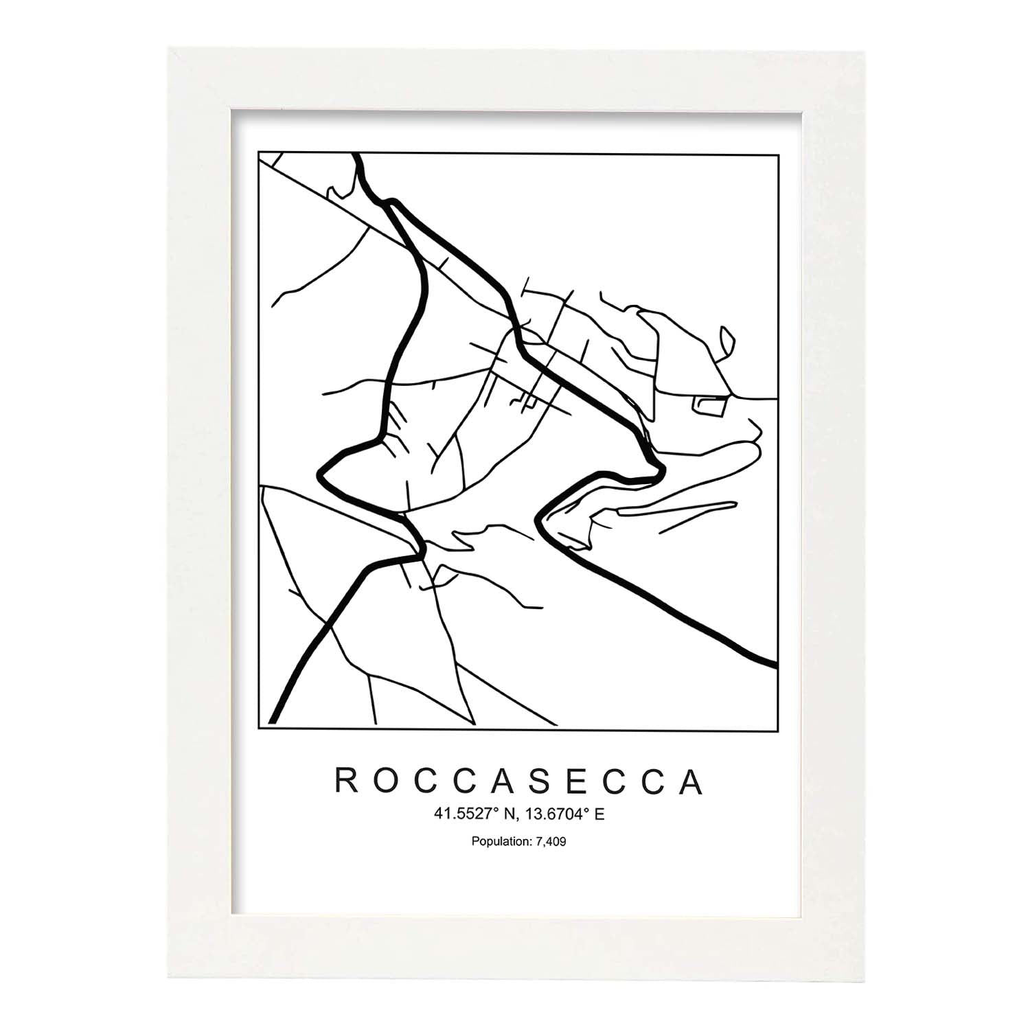 Lámina mapa de la ciudad Roccasecca estilo nordico en blanco y negro.-Artwork-Nacnic-A3-Marco Blanco-Nacnic Estudio SL