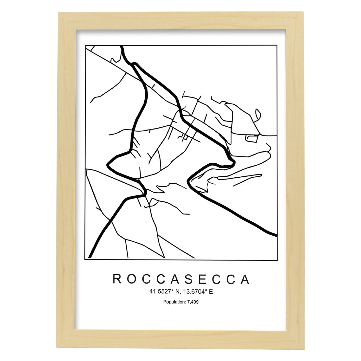 Lámina mapa de la ciudad Roccasecca estilo nordico en blanco y negro.-Artwork-Nacnic-A3-Marco Madera clara-Nacnic Estudio SL