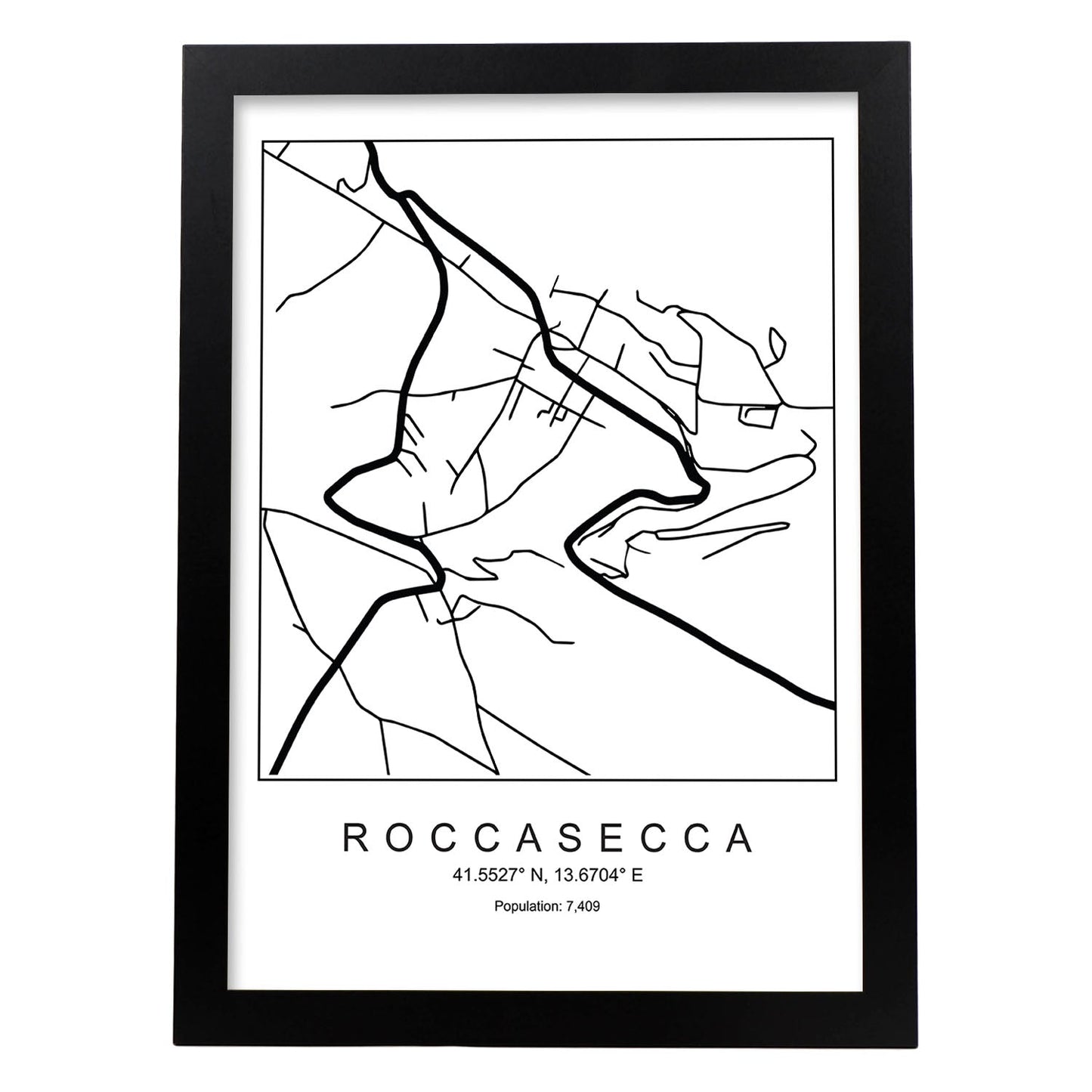Lámina mapa de la ciudad Roccasecca estilo nordico en blanco y negro.-Artwork-Nacnic-A3-Marco Negro-Nacnic Estudio SL