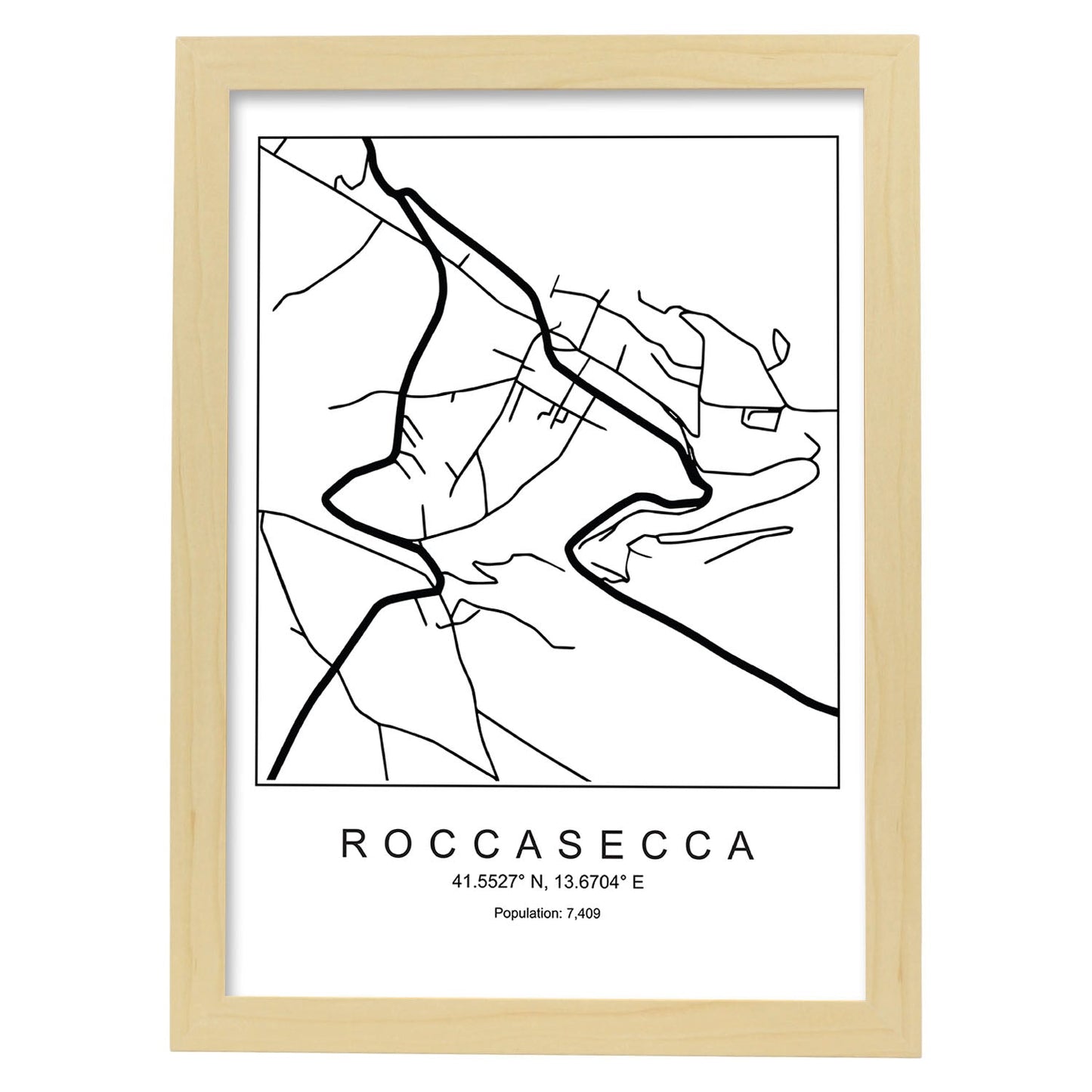 Lámina mapa de la ciudad Roccasecca estilo nordico en blanco y negro.-Artwork-Nacnic-A4-Marco Madera clara-Nacnic Estudio SL