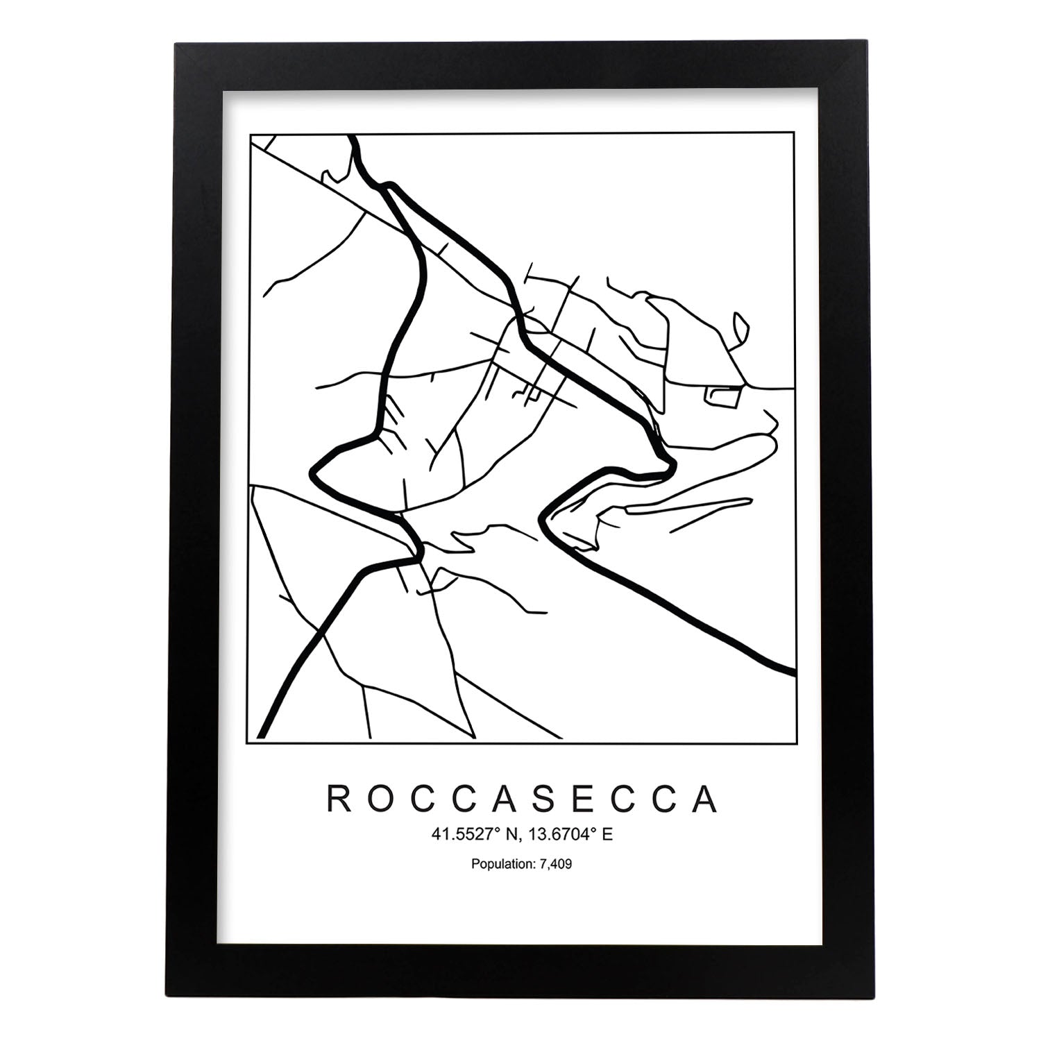 Lámina mapa de la ciudad Roccasecca estilo nordico en blanco y negro.-Artwork-Nacnic-A4-Marco Negro-Nacnic Estudio SL