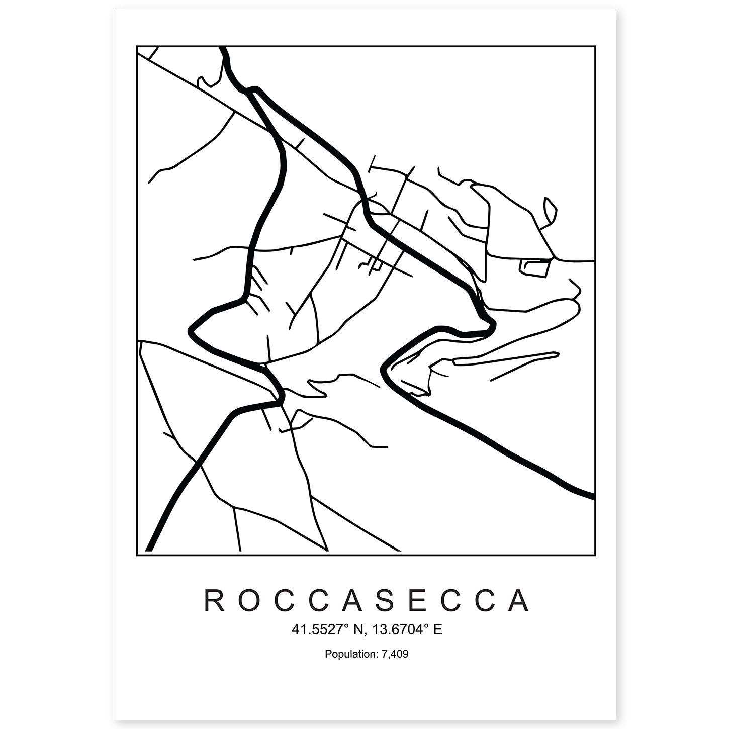 Lámina mapa de la ciudad Roccasecca estilo nordico en blanco y negro.-Artwork-Nacnic-A4-Sin marco-Nacnic Estudio SL