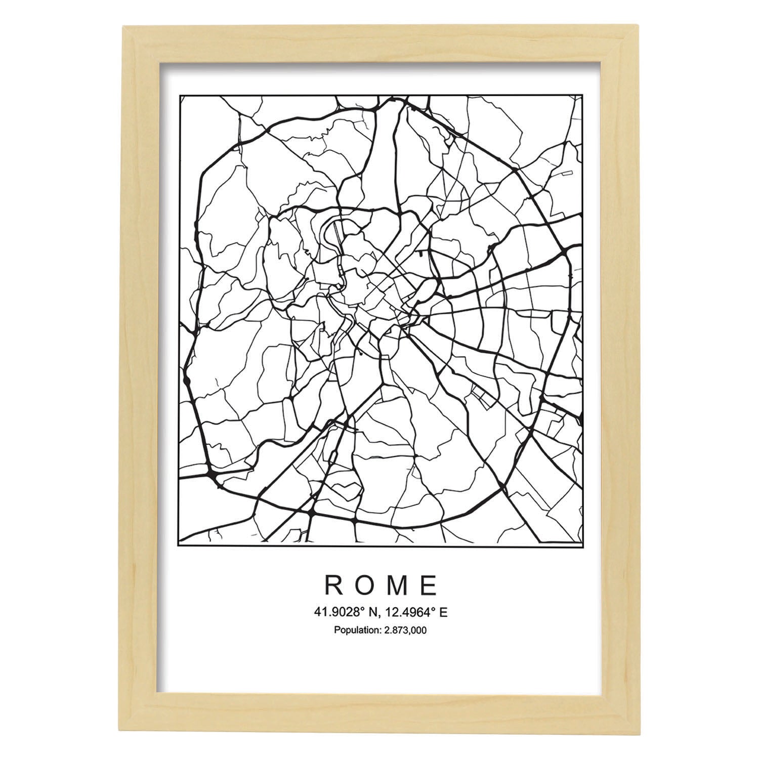Lámina mapa de la ciudad Rome estilo nordico en blanco y negro.-Artwork-Nacnic-A3-Marco Madera clara-Nacnic Estudio SL