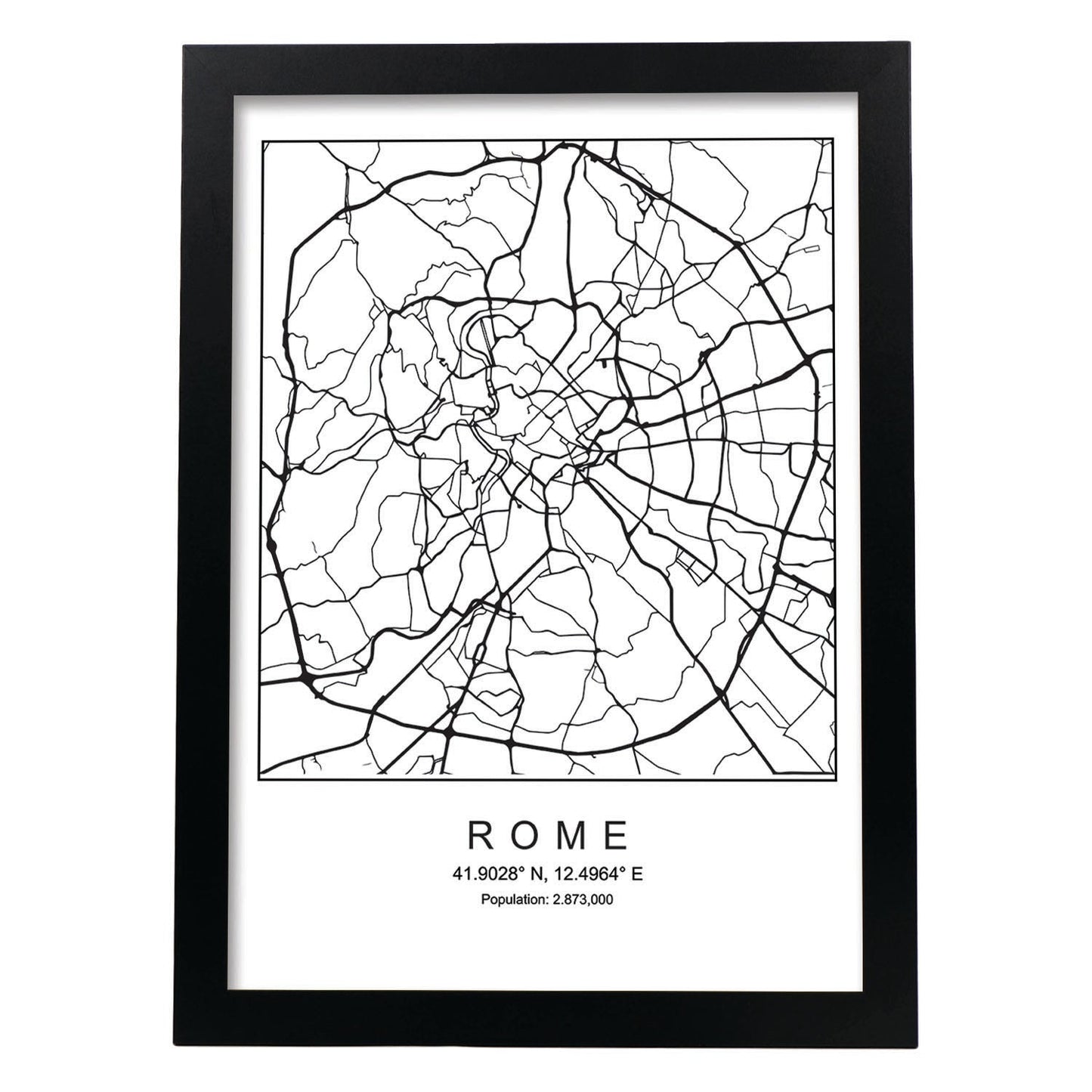 Lámina mapa de la ciudad Rome estilo nordico en blanco y negro.-Artwork-Nacnic-A3-Marco Negro-Nacnic Estudio SL
