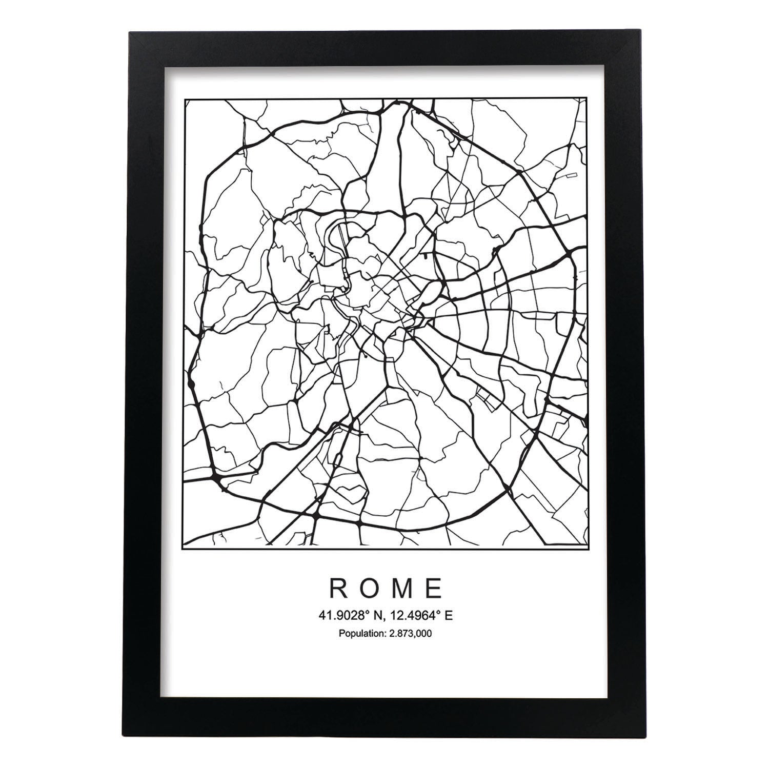 Lámina mapa de la ciudad Rome estilo nordico en blanco y negro.-Artwork-Nacnic-A3-Marco Negro-Nacnic Estudio SL