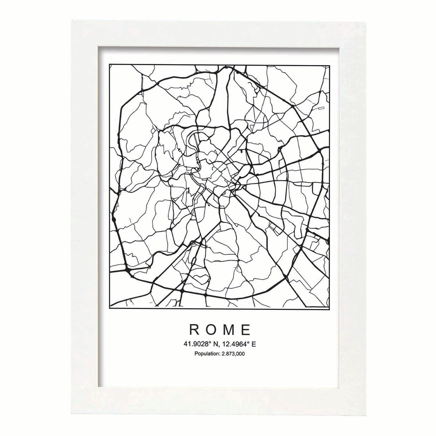 Lámina mapa de la ciudad Rome estilo nordico en blanco y negro.-Artwork-Nacnic-A4-Marco Blanco-Nacnic Estudio SL