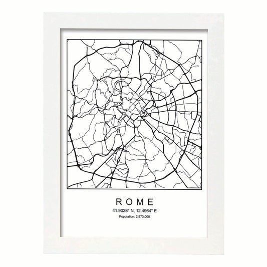 Lámina mapa de la ciudad Rome estilo nordico en blanco y negro.-Artwork-Nacnic-A4-Marco Blanco-Nacnic Estudio SL