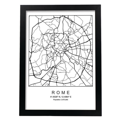Lámina mapa de la ciudad Rome estilo nordico en blanco y negro.-Artwork-Nacnic-A4-Marco Negro-Nacnic Estudio SL