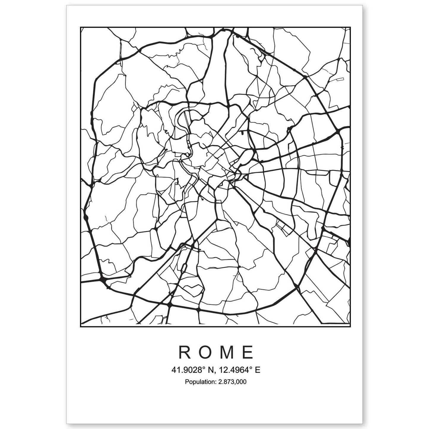 Lámina mapa de la ciudad Rome estilo nordico en blanco y negro.-Artwork-Nacnic-A4-Sin marco-Nacnic Estudio SL
