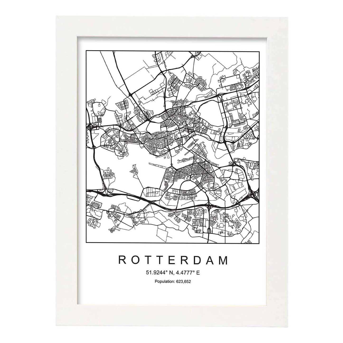 Lámina mapa de la ciudad Rotterdam estilo nordico en blanco y negro.-Artwork-Nacnic-A3-Marco Blanco-Nacnic Estudio SL