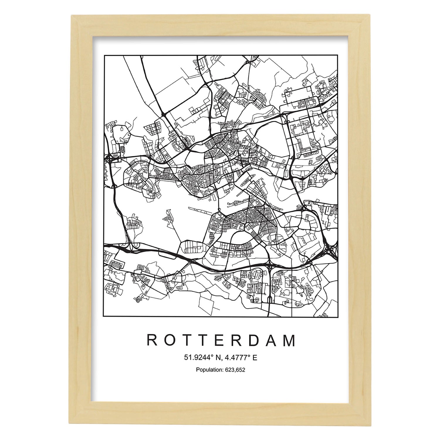 Lámina mapa de la ciudad Rotterdam estilo nordico en blanco y negro.-Artwork-Nacnic-A3-Marco Madera clara-Nacnic Estudio SL