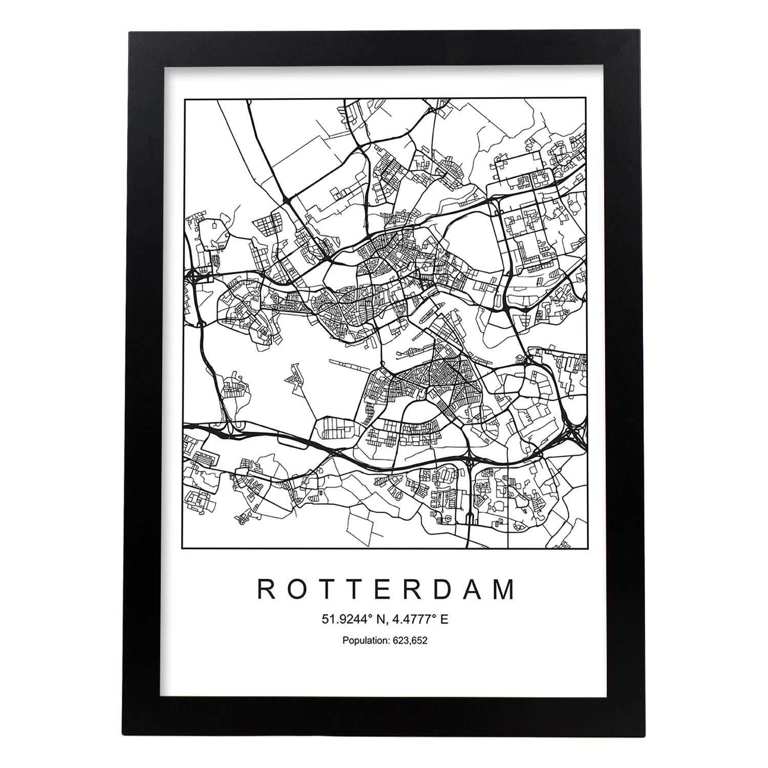Lámina mapa de la ciudad Rotterdam estilo nordico en blanco y negro.-Artwork-Nacnic-A3-Marco Negro-Nacnic Estudio SL