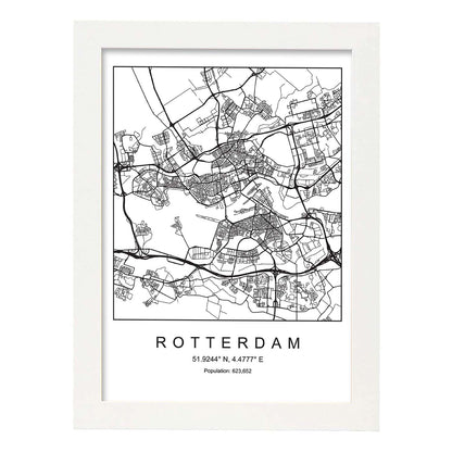 Lámina mapa de la ciudad Rotterdam estilo nordico en blanco y negro.-Artwork-Nacnic-A4-Marco Blanco-Nacnic Estudio SL