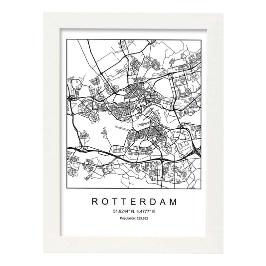 Lámina mapa de la ciudad Rotterdam estilo nordico en blanco y negro.-Artwork-Nacnic-A4-Marco Blanco-Nacnic Estudio SL