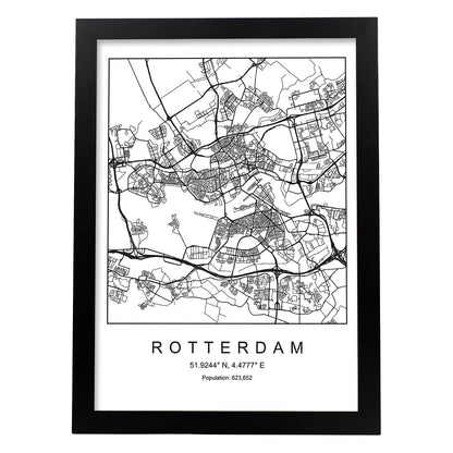 Lámina mapa de la ciudad Rotterdam estilo nordico en blanco y negro.-Artwork-Nacnic-A4-Marco Negro-Nacnic Estudio SL