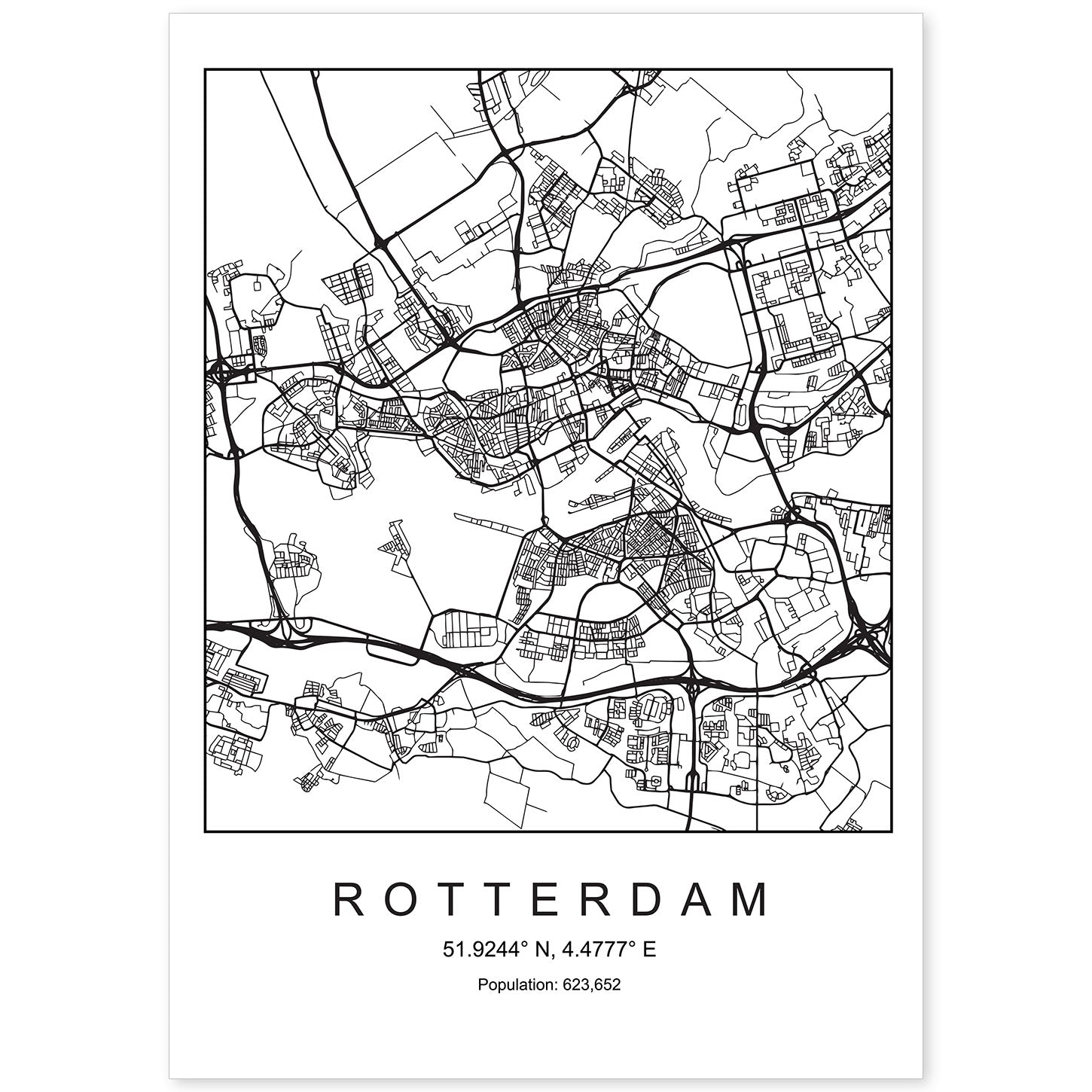 Lámina mapa de la ciudad Rotterdam estilo nordico en blanco y negro.-Artwork-Nacnic-A4-Sin marco-Nacnic Estudio SL