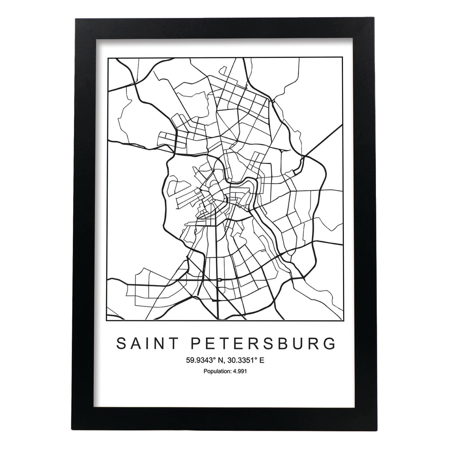 Lámina mapa de la ciudad Saint petersburg estilo nordico en blanco y negro.-Artwork-Nacnic-A3-Marco Negro-Nacnic Estudio SL
