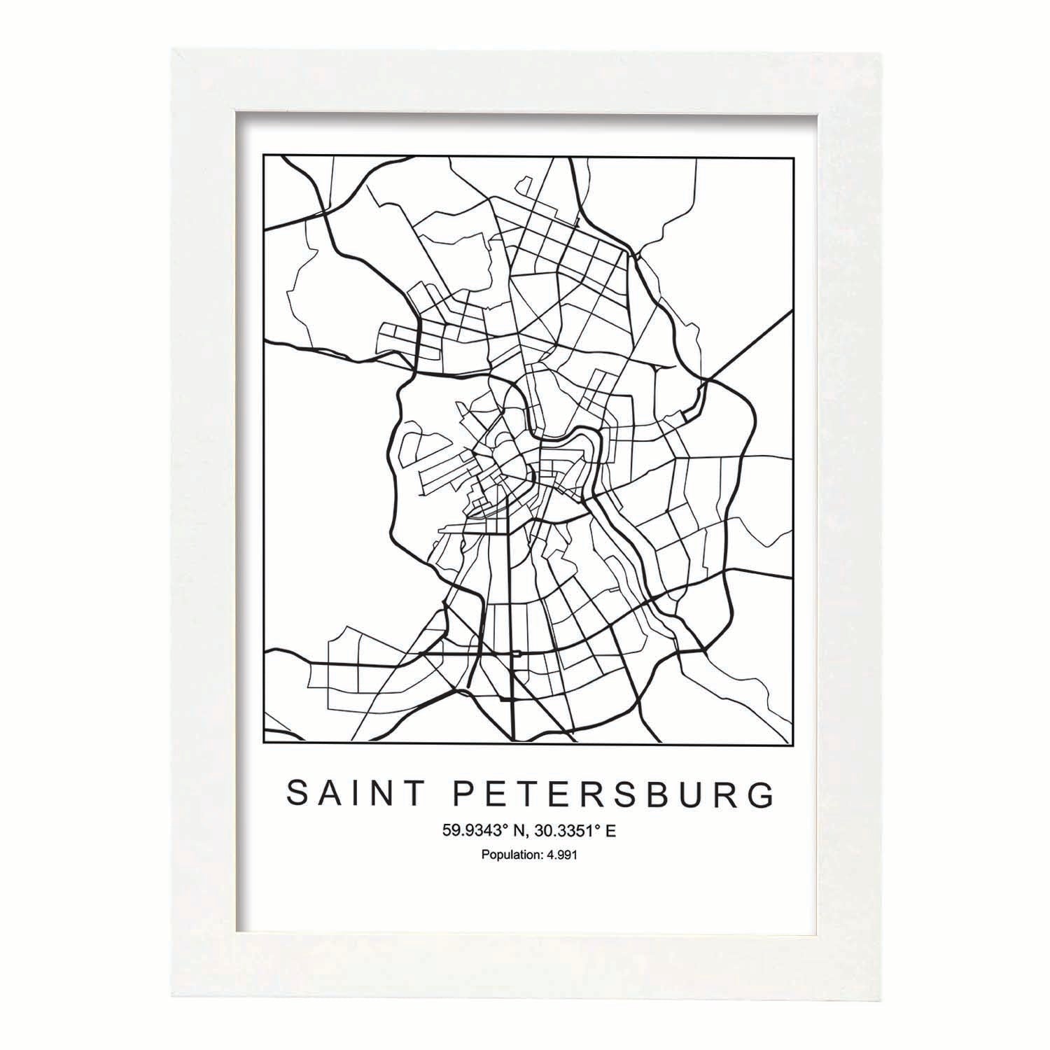 Lámina mapa de la ciudad Saint petersburg estilo nordico en blanco y negro.-Artwork-Nacnic-A4-Marco Blanco-Nacnic Estudio SL