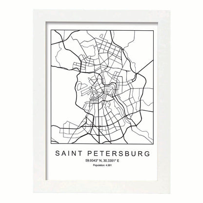 Lámina mapa de la ciudad Saint petersburg estilo nordico en blanco y negro.-Artwork-Nacnic-A4-Marco Blanco-Nacnic Estudio SL