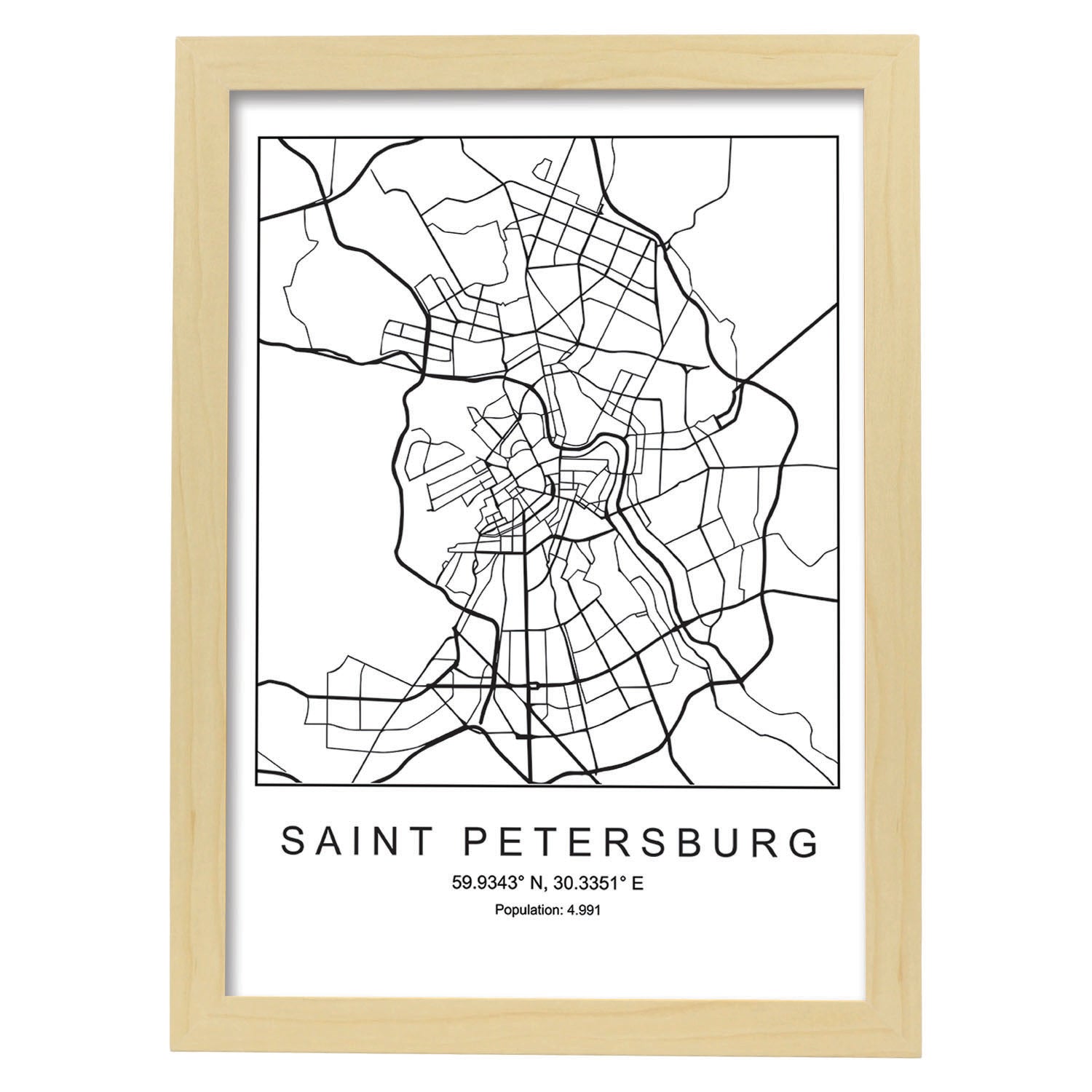 Lámina mapa de la ciudad Saint petersburg estilo nordico en blanco y negro.-Artwork-Nacnic-A4-Marco Madera clara-Nacnic Estudio SL